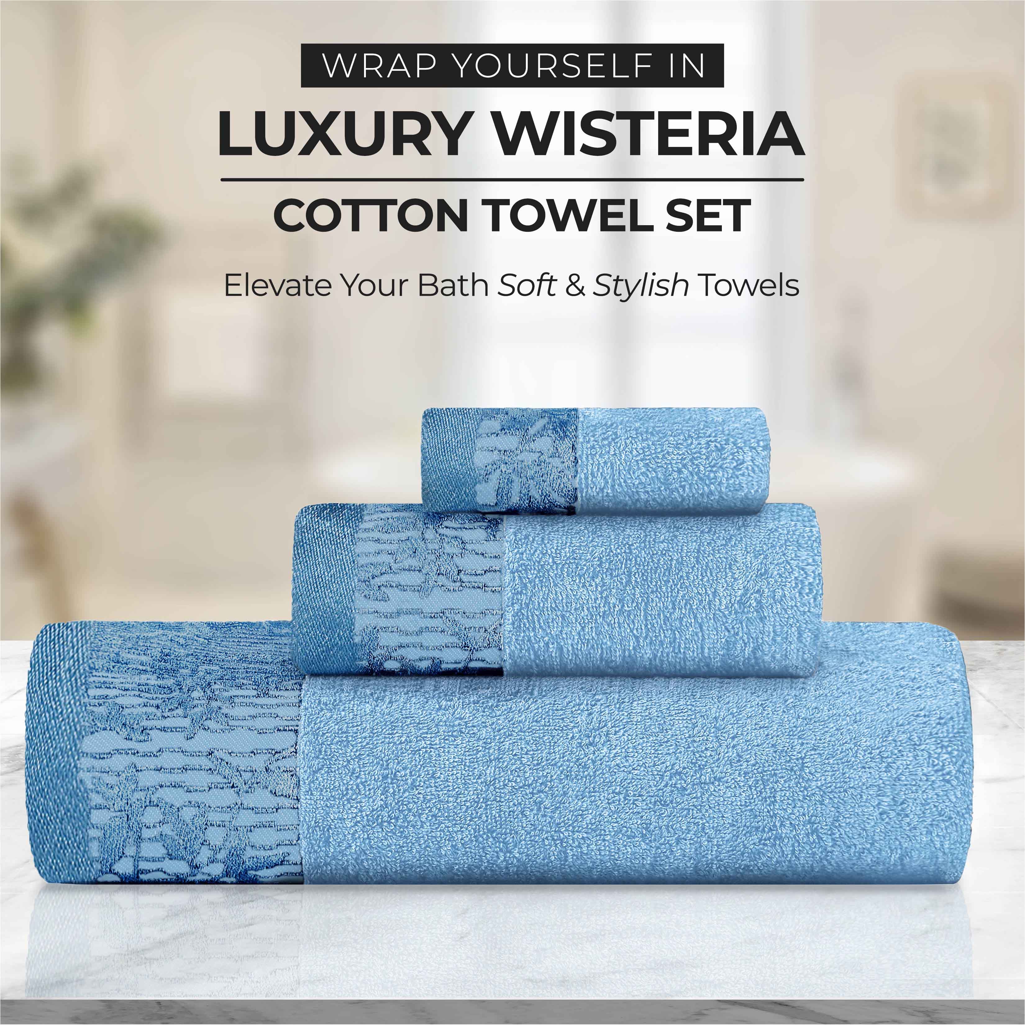 Wisteria Cotton Floral Embroidered Jacquard Border 3-Piece Towel Set - Blue Nile Mills