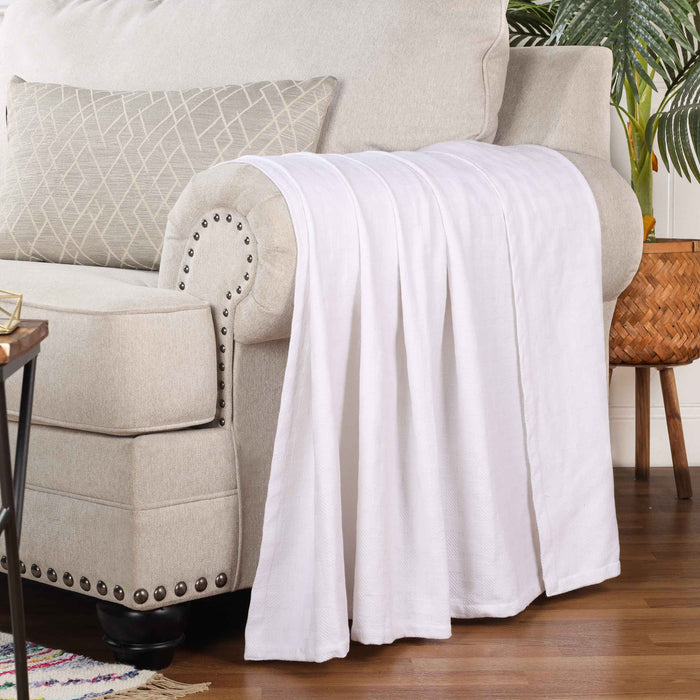Basketweave All Season Cotton Bed Blanket & Sofa Throw - White