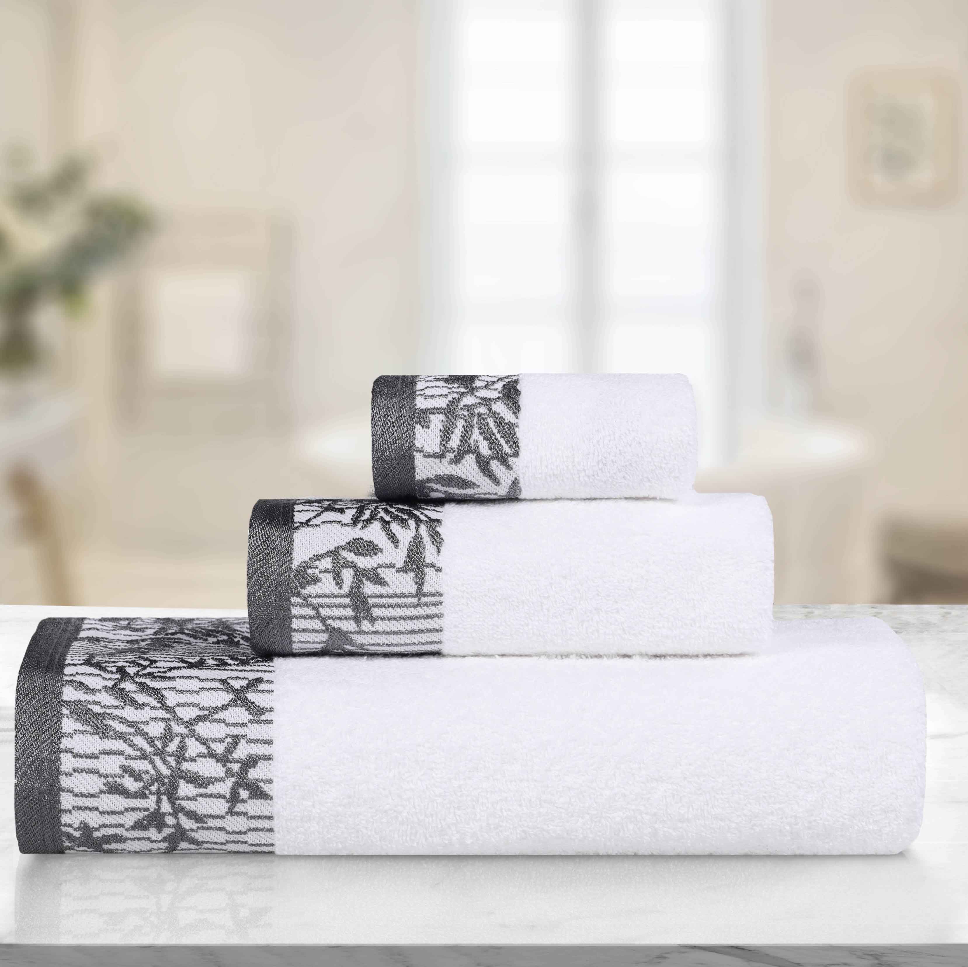 Wisteria Cotton Floral Embroidered Jacquard Border 3-Piece Towel Set - Blue Nile Mills