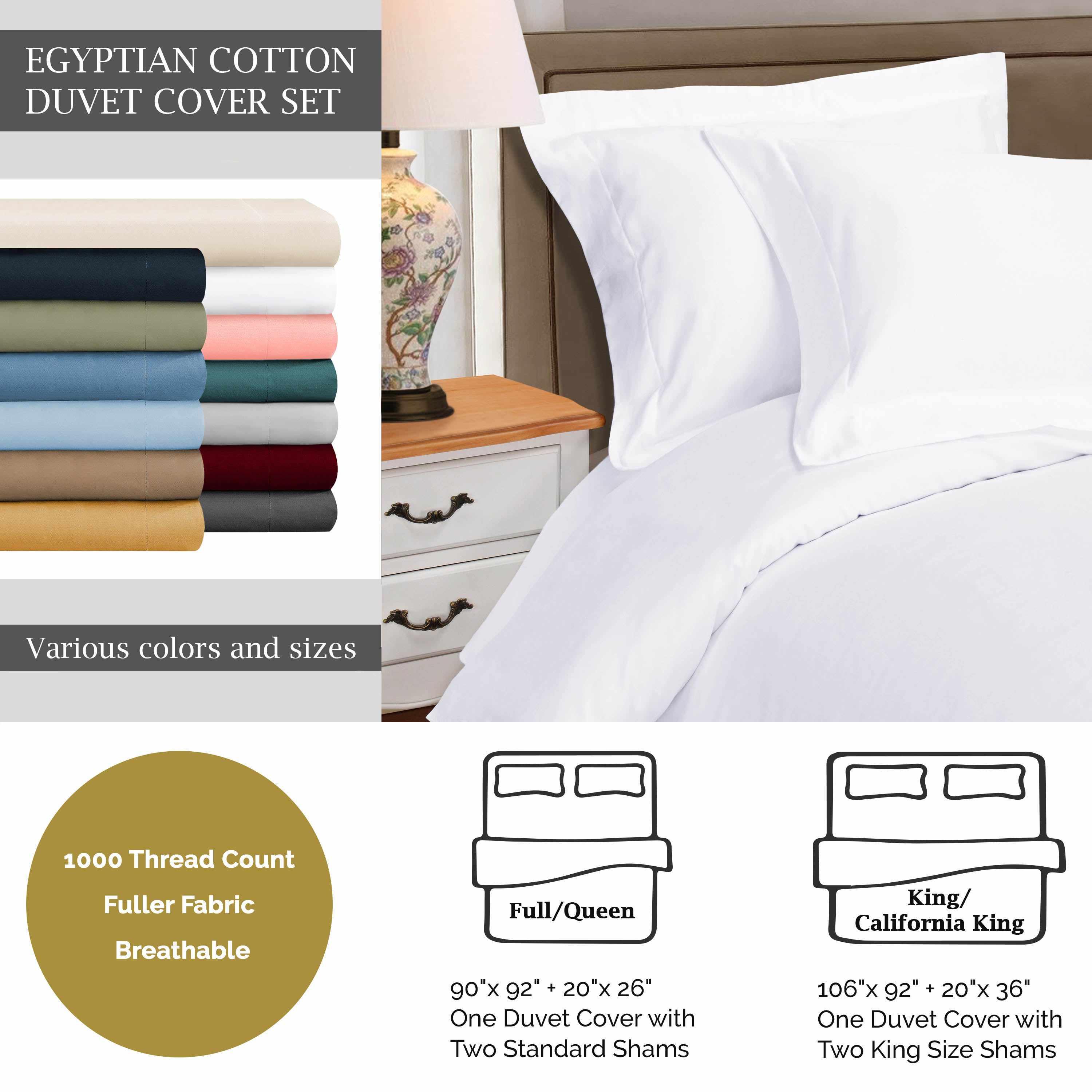 1000 Thread Count Egyptian Cotton Solid Duvet Cover Set - Blue Nile Mills