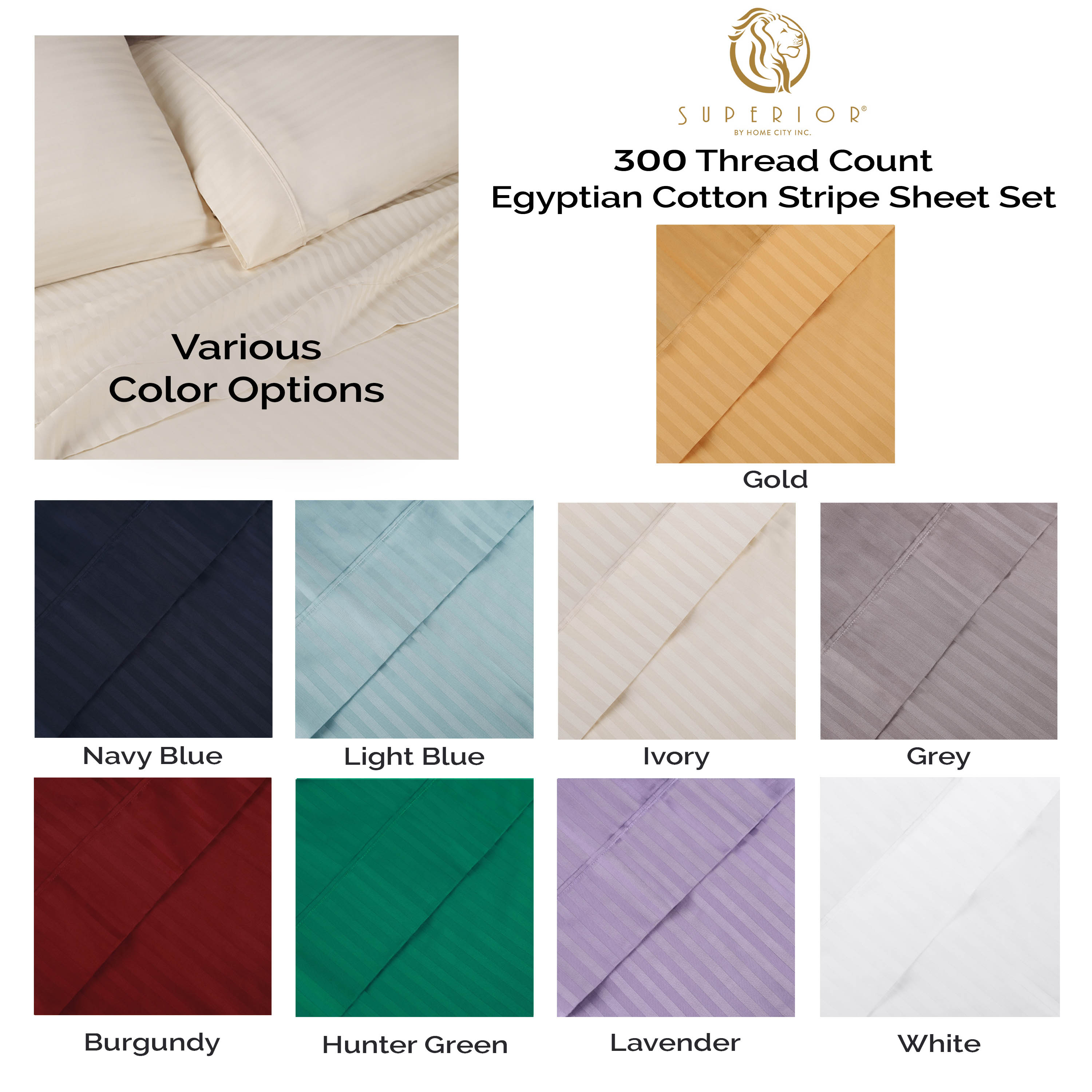 Egyptian Cotton 300 Thread Count Striped Deep Pocket Sheet Set - Blue Nile Mills