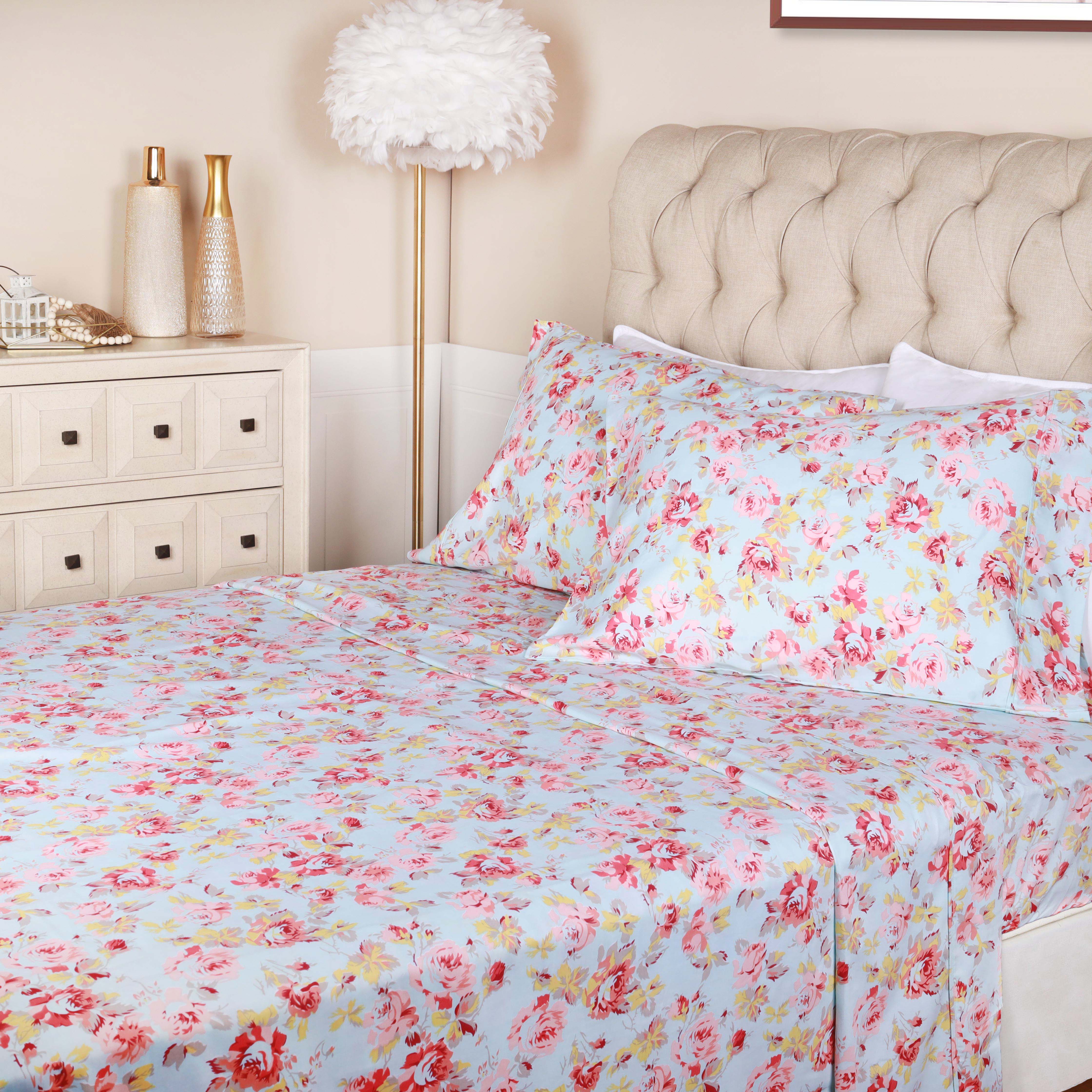 300 Thread Count Cotton Vintage Solid Or Floral Bellflower Sheet Set - Blue Nile Mills