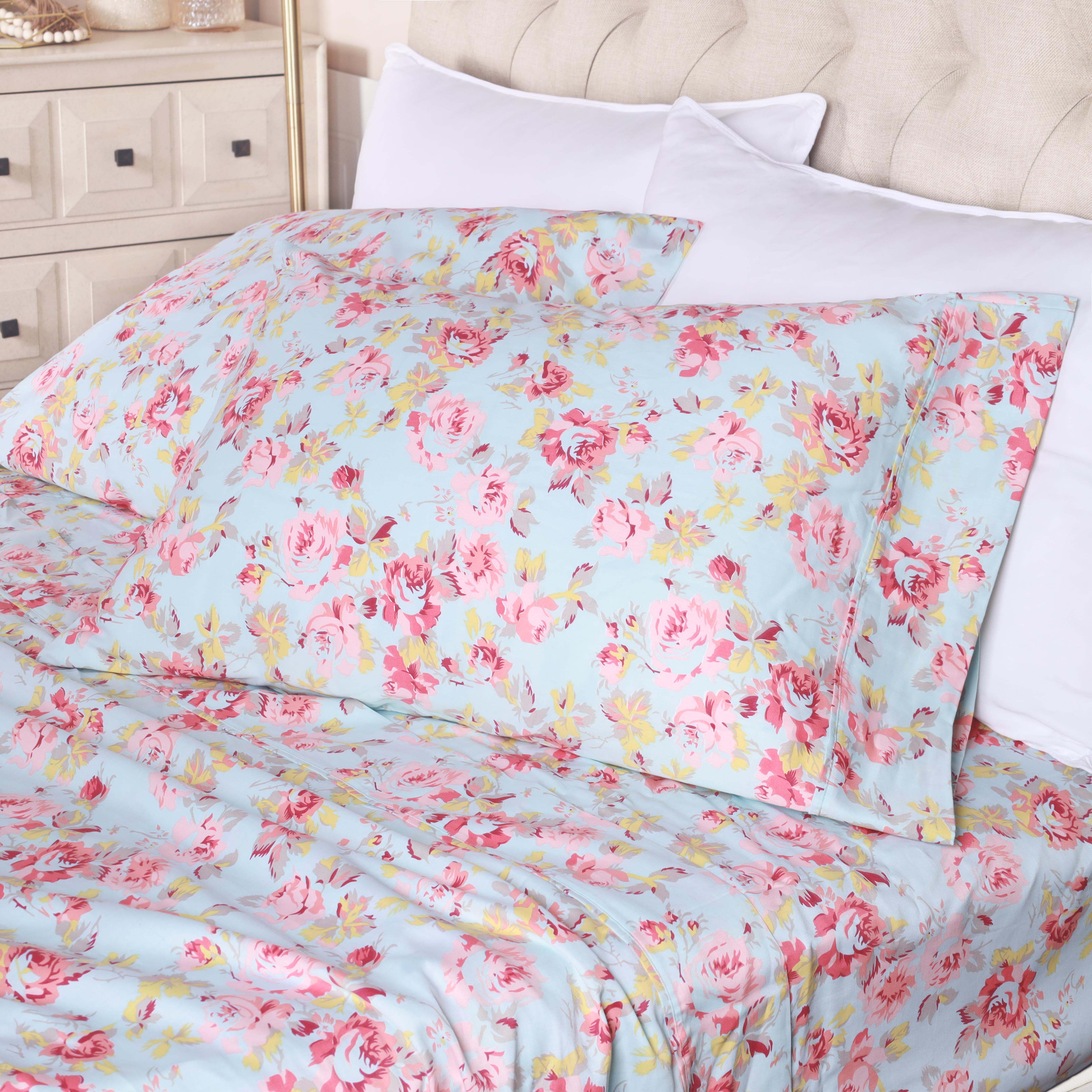 300 Thread Count Cotton Vintage Solid Or Floral Bellflower Sheet Set - Blue Nile Mills