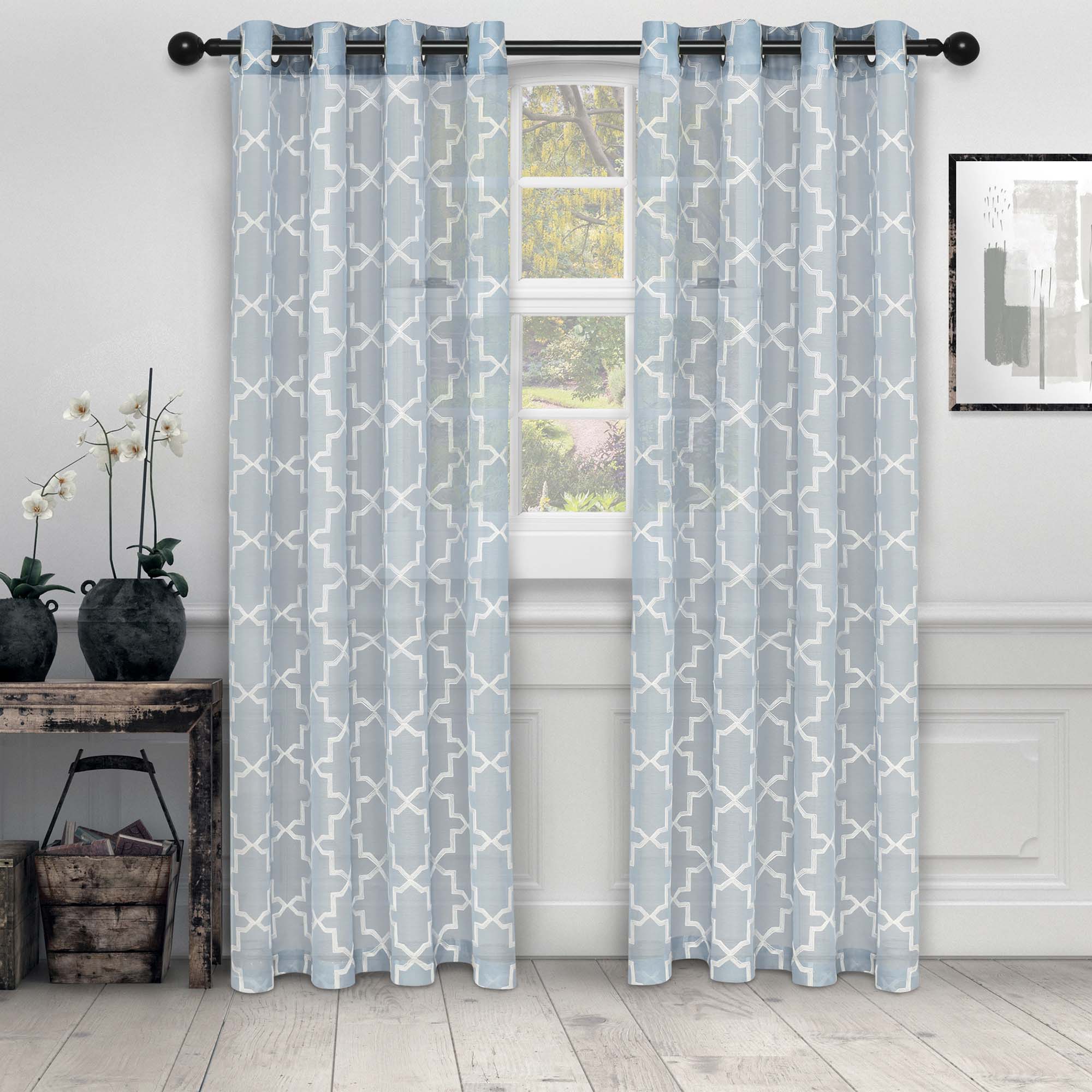 Embroidered Quatrefoil Semi Sheer 2 Piece Curtain Panel Set - Blue Nile Mills