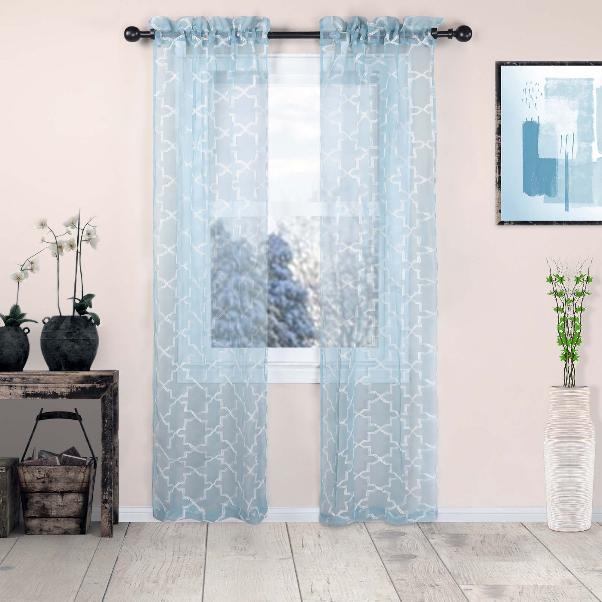 Embroidered Quatrefoil Semi Sheer 2 Piece Curtain Panel Set - Blue Nile Mills
