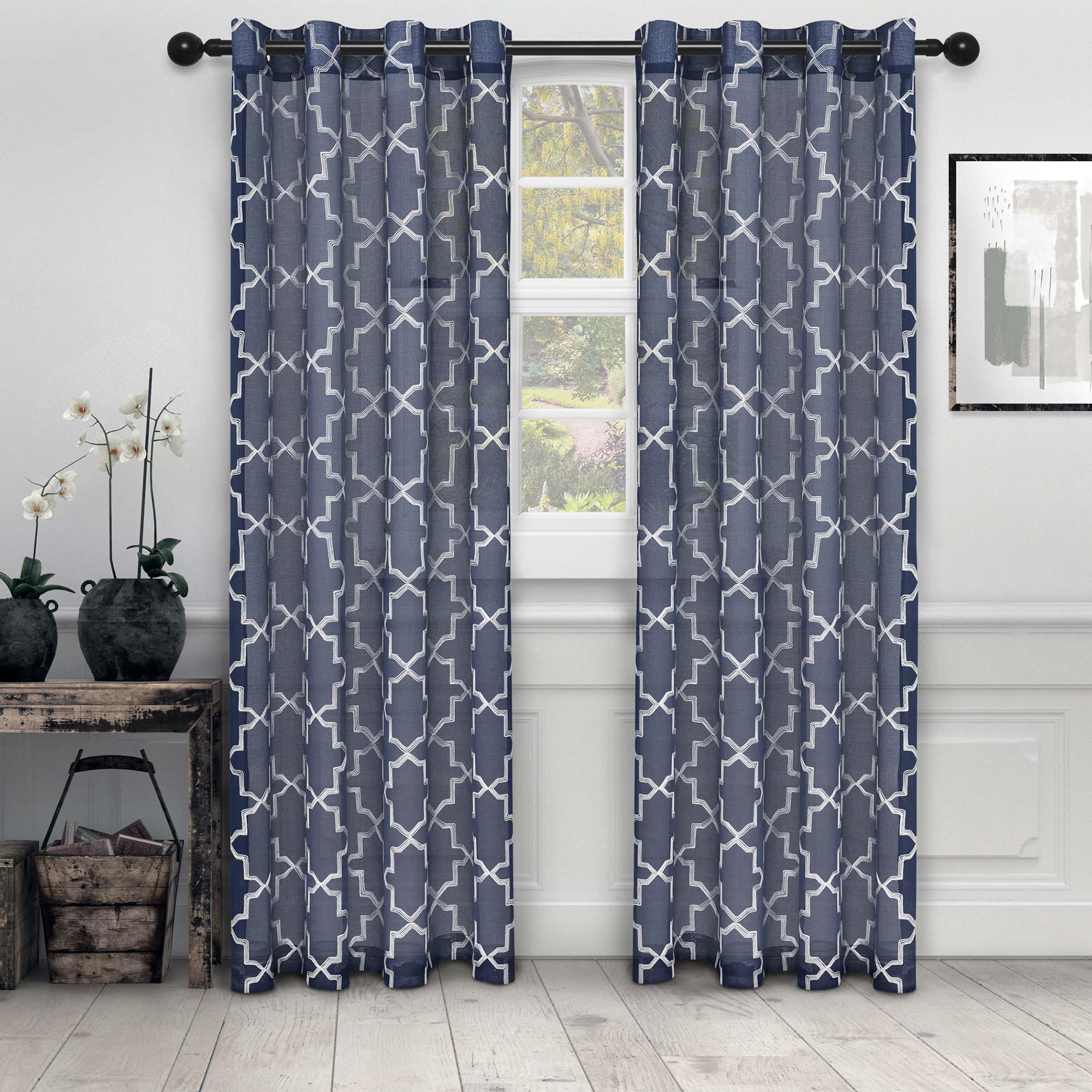 Embroidered Quatrefoil Semi Sheer 2 Piece Curtain Panel Set - Blue Nile Mills