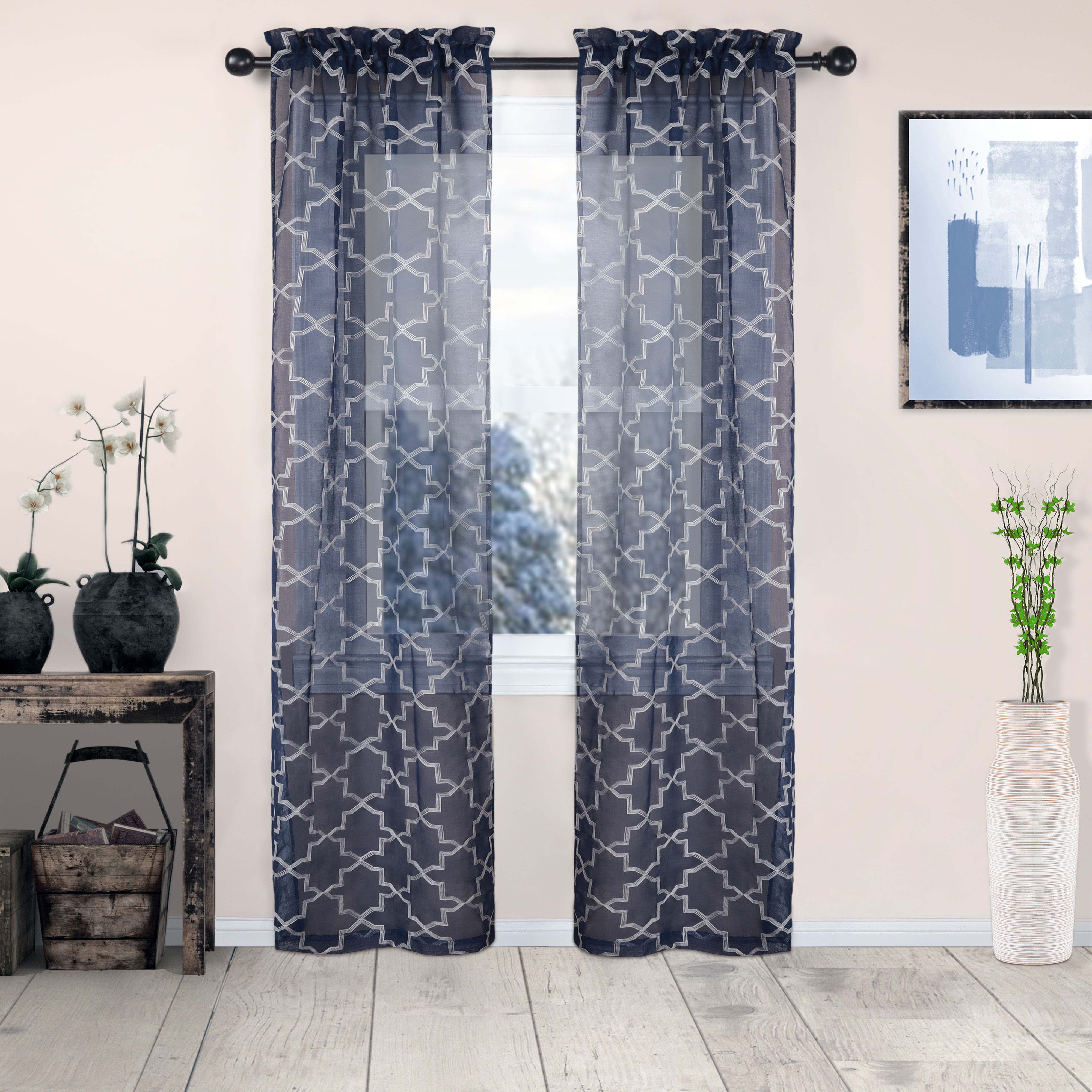 Embroidered Quatrefoil Semi Sheer 2 Piece Curtain Panel Set - Blue Nile Mills