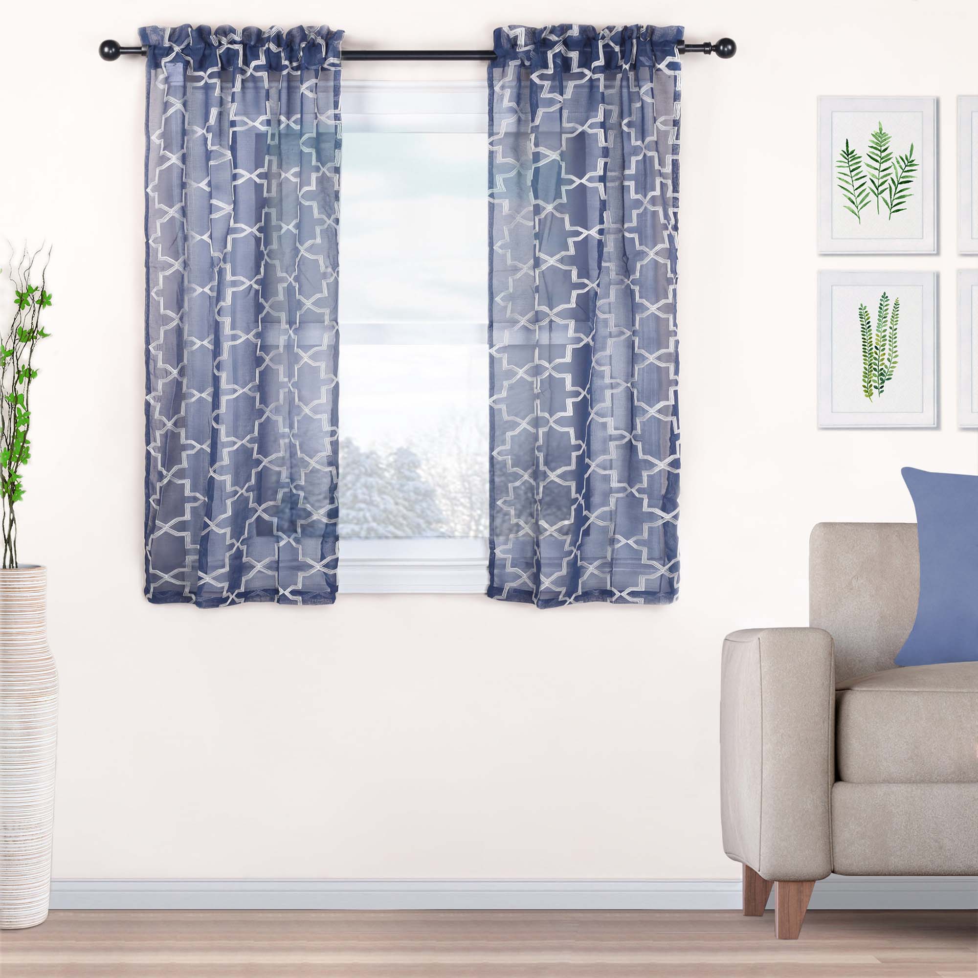 Embroidered Quatrefoil Semi Sheer 2 Piece Curtain Panel Set - Blue Nile Mills