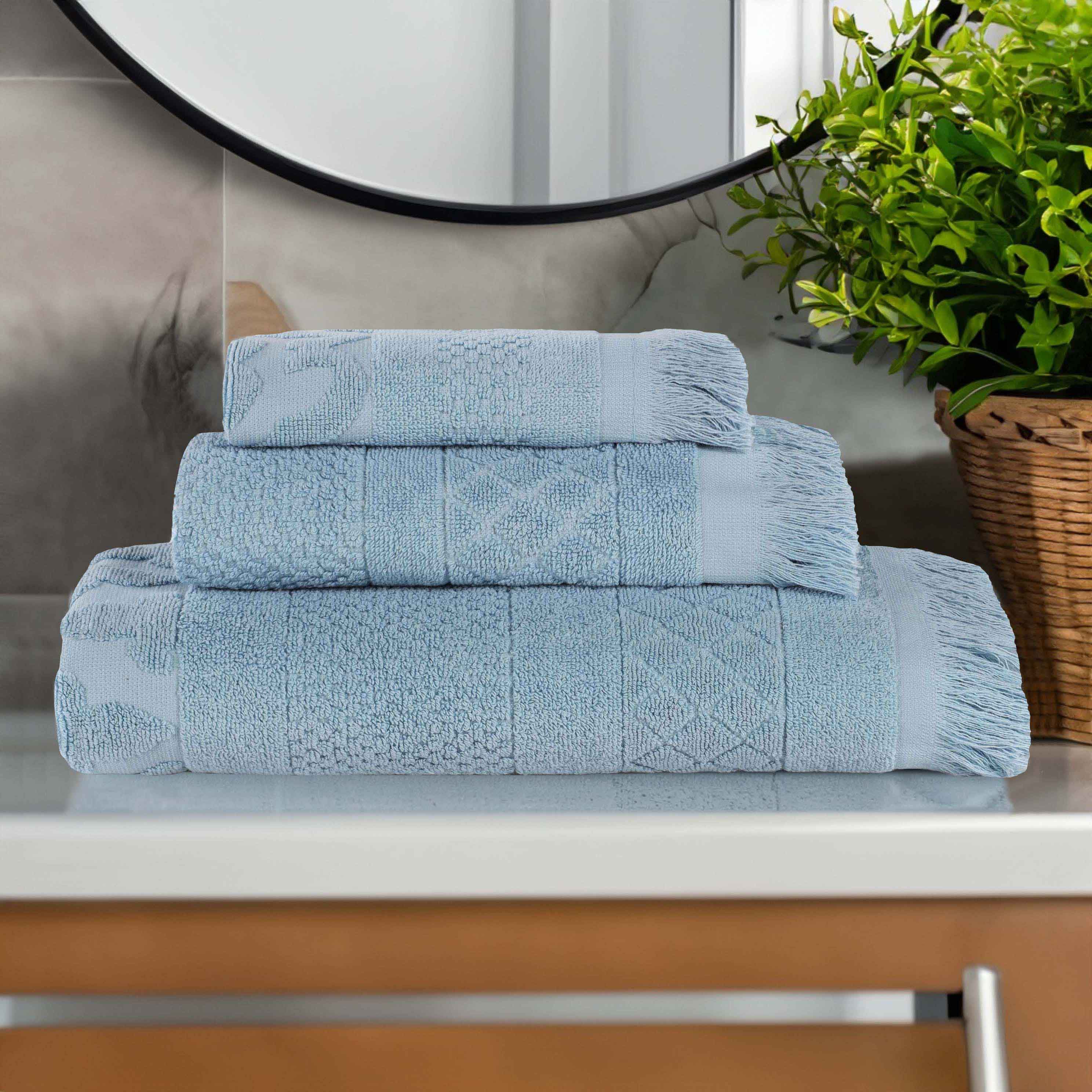 Rolla Cotton Geometric Jacquard Plush Soft Absorbent 3 Piece Towel Set - Blue Nile Mills
