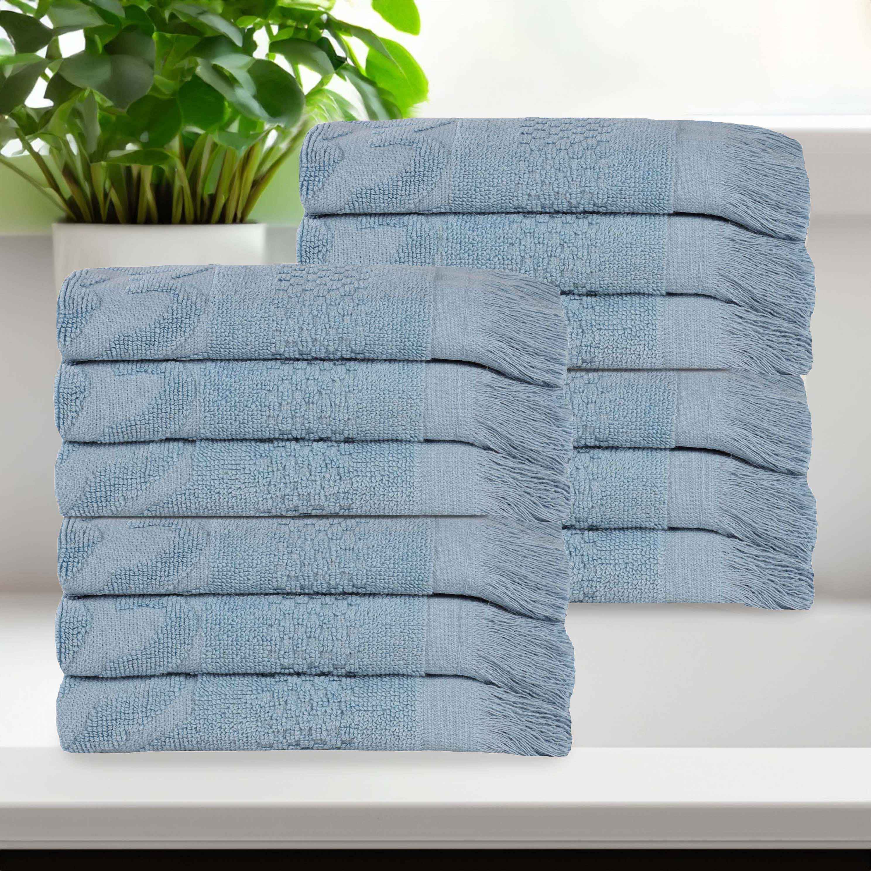 Rolla Cotton Geometric Jacquard Plush Face Towel Washcloth Set of 12 - Blue Nile Mills