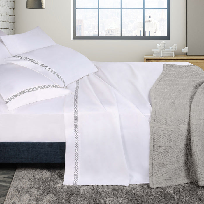 Egyptian Cotton 1000 Thread Count Embroidered Bed Sheet Set - White/Charcoal
