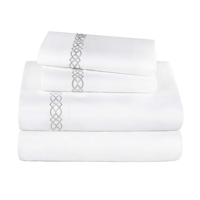 Egyptian Cotton 1000 Thread Count Embroidered Bed Sheet Set - White/Platinum