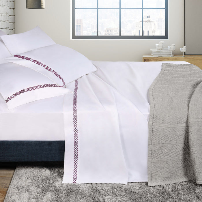 Egyptian Cotton 1000 Thread Count Embroidered Bed Sheet Set - White/Plum