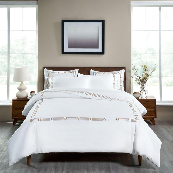 Egyptian Cotton 1200 Thread Count Embroidered Duvet Cover Set - White-Taupe