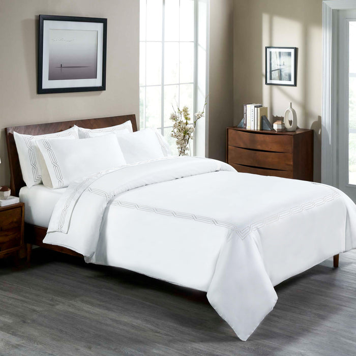 Egyptian Cotton 1200 Thread Count Embroidered Duvet Cover Set - White-White