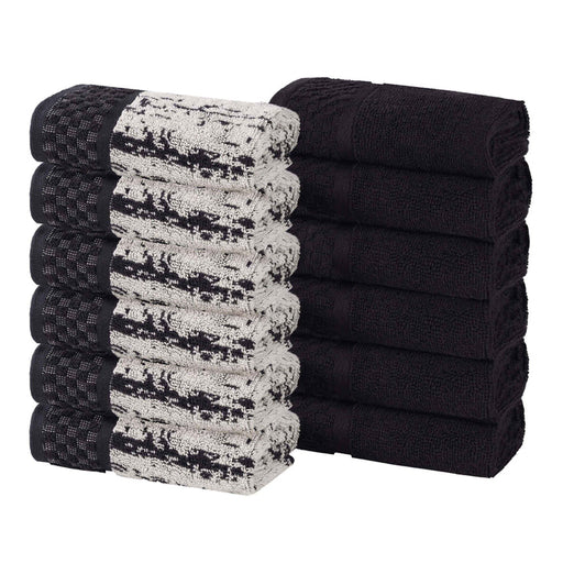 Lodie Cotton Plush Jacquard Solid and Two-Toned Face Towel Set of 12 - Black/Silver