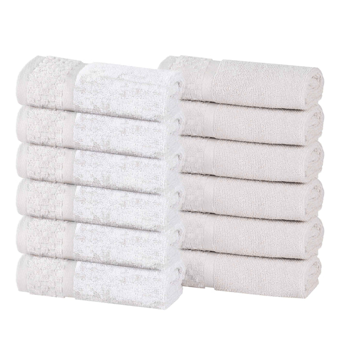 Lodie Cotton Plush Jacquard Solid and Two-Toned Face Towel Set of 12 - Stone/White