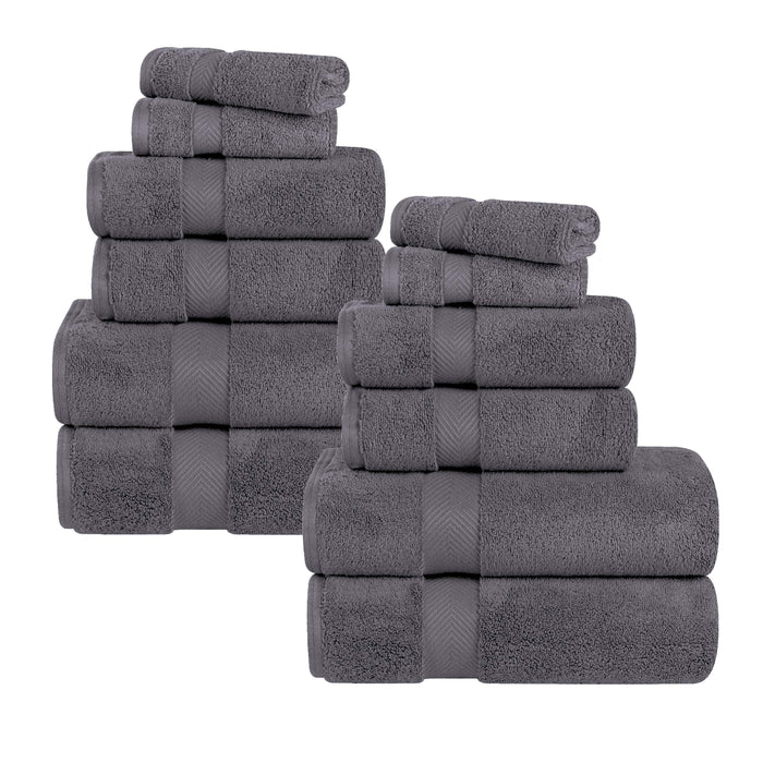 Zero Twist Cotton Ultra-Soft Absorbent Assorted 12 Piece Towel Set - Gray