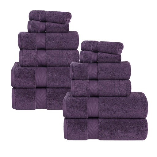 Zero Twist Cotton Ultra-Soft Absorbent Assorted 12 Piece Towel Set - Grapeseed