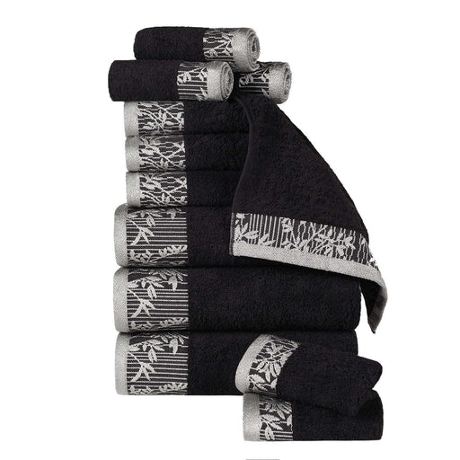 Wisteria Cotton 12 Piece Assorted Towel Set with Floral Bohemian Embroidered Jacquard Border - Black
