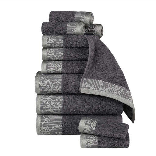 Wisteria Cotton 12 Piece Assorted Towel Set with Floral Bohemian Embroidered Jacquard Border - Gray