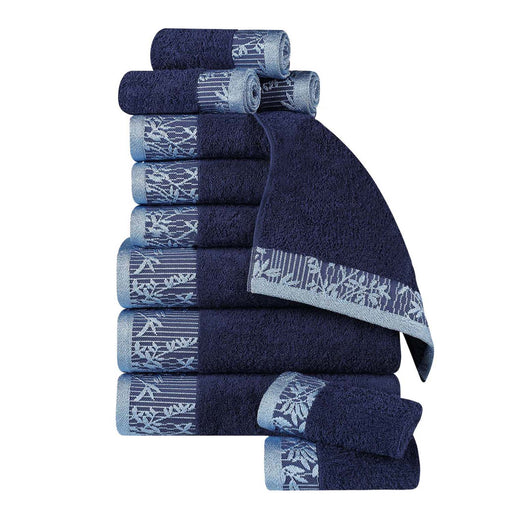 Wisteria Cotton 12 Piece Assorted Towel Set with Floral Bohemian Embroidered Jacquard Border - Navy Blue