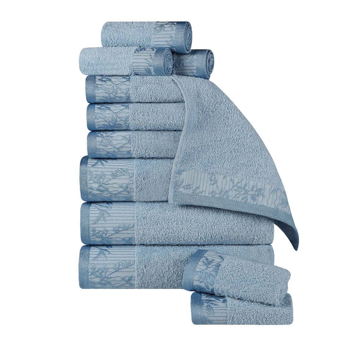 Wisteria Cotton 12 Piece Assorted Towel Set with Floral Bohemian Embroidered Jacquard Border -  Waterfall Blue