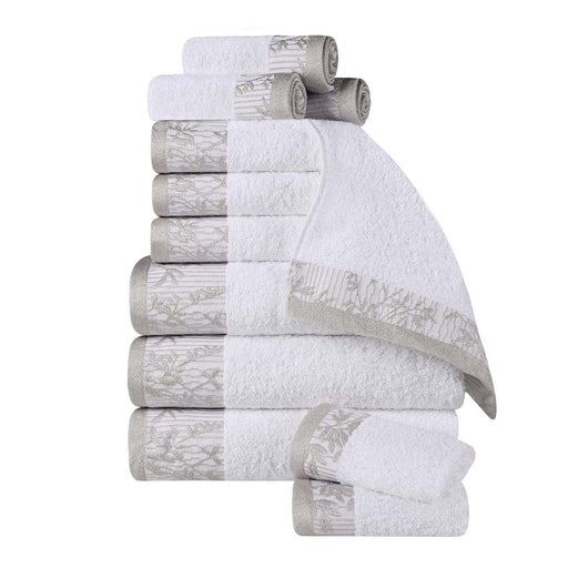 Wisteria Cotton 12 Piece Assorted Towel Set with Floral Bohemian Embroidered Jacquard Border -  White