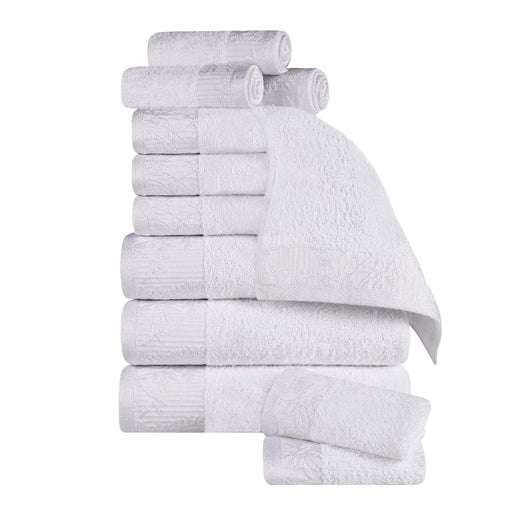 Wisteria Cotton 12 Piece Assorted Towel Set with Floral Bohemian Embroidered Jacquard Border -  White/White