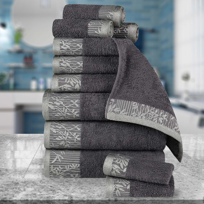Wisteria Cotton 12 Piece Assorted Towel Set with Floral Bohemian Embroidered Jacquard Border - Gray
