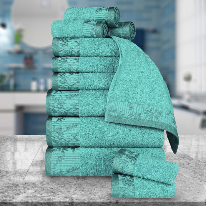 Wisteria Cotton 12 Piece Assorted Towel Set with Floral Bohemian Embroidered Jacquard Border - Turquoise