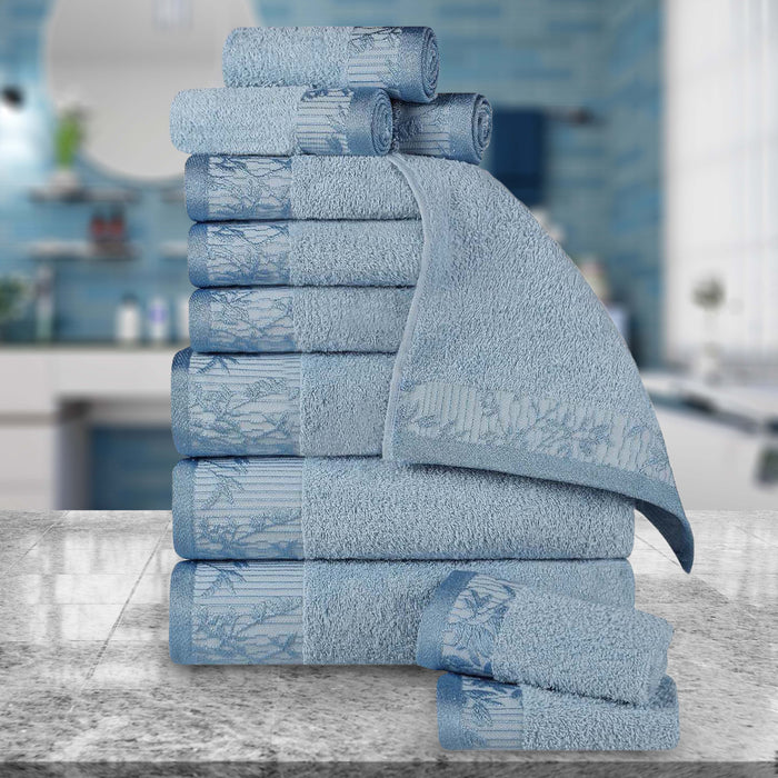 Wisteria Cotton 12 Piece Assorted Towel Set with Floral Bohemian Embroidered Jacquard Border - Waterfall Blue