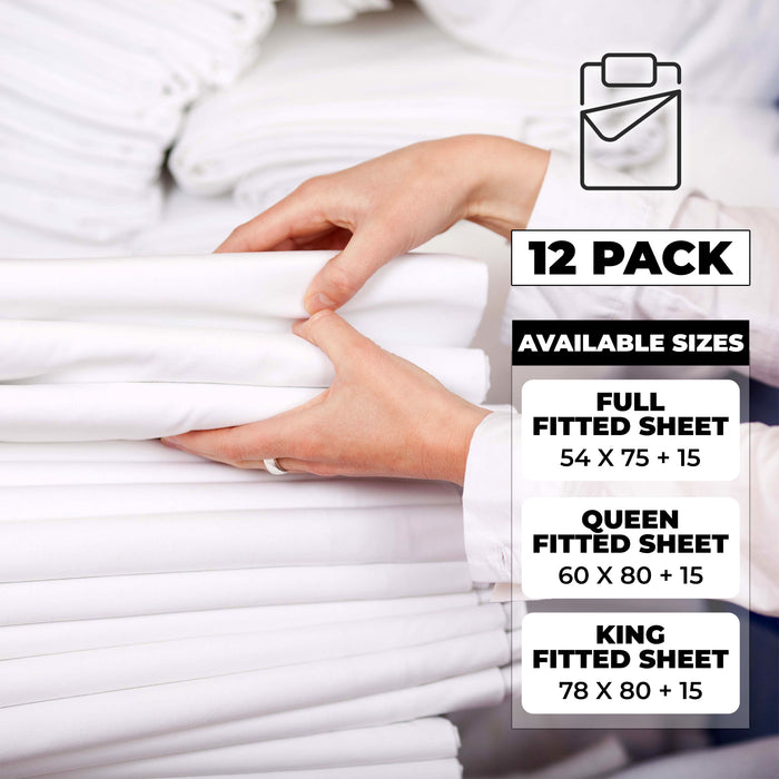 Cotton Rich White Percale Hotel Quality Fitted Bed Sheets, Set of 3, 6, 12