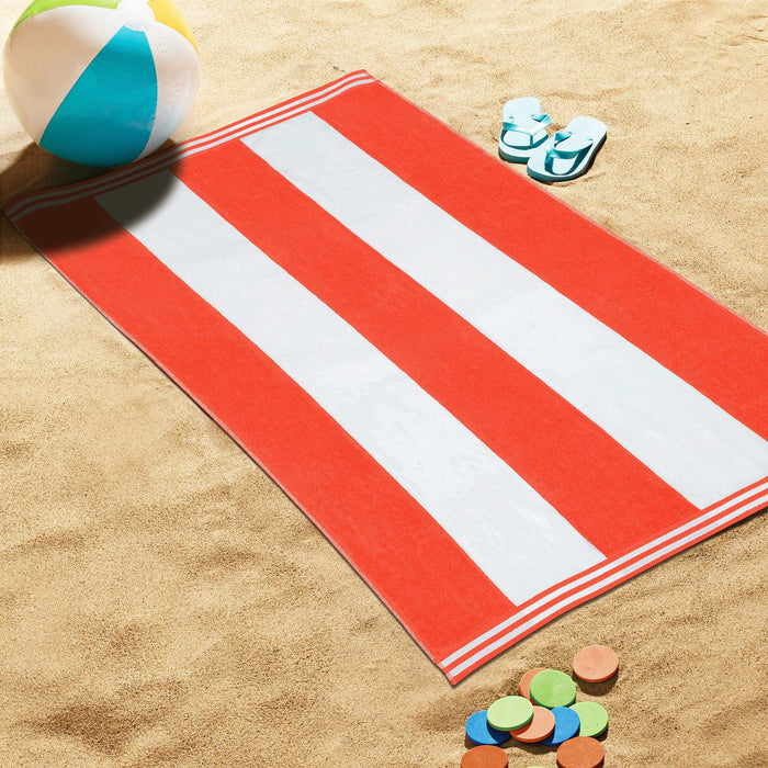 Cabana Stripe Oversized Cotton Beach Towel Set - Coral