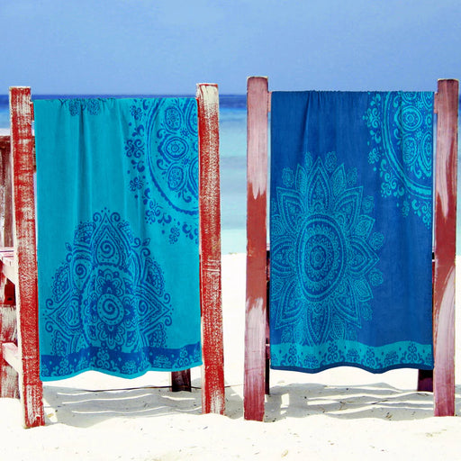 Floral Mandala Egyptian Cotton Oversized 2 Piece Beach Towel Set - Blue