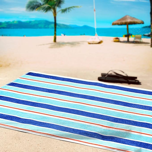 Ocean Stripe Oversized Cotton 4 Piece Beach Towel Set - Blue