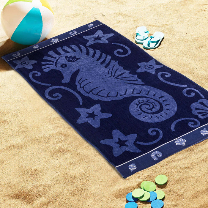 Sea Horse Oversized Cotton 2 Piece Beach Towel Set - Blue