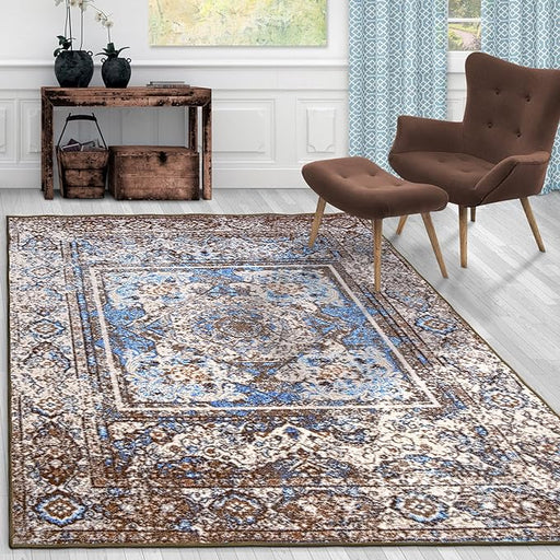 Ezra Medallion Non-Slip Washable Indoor Area Rug or Runner - Blue