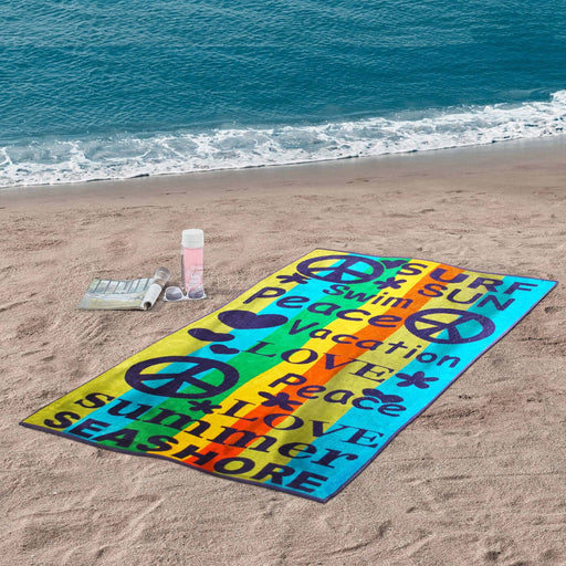 Peace Love Oversized Cotton 2 Piece Beach Towel Set - Blue
