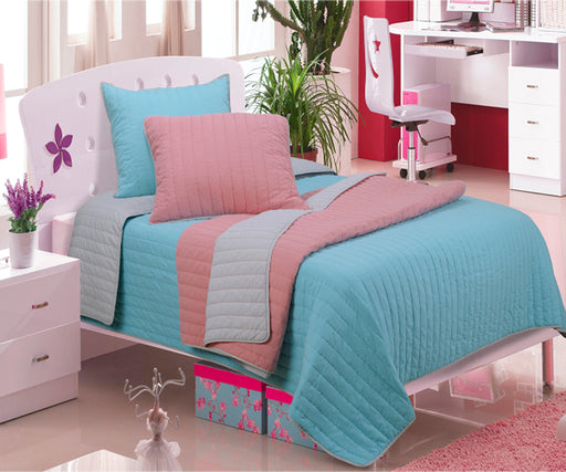 Brandon Cotton EmbroideredSolid Reversible Striped Quilt Set - LightBlue