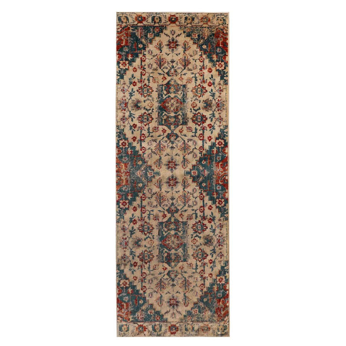 Leena Tribal Medallion Traditional Indoor Area Rug or Runner- Ivory-Teal