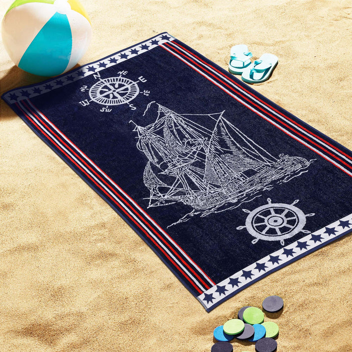 Navy Ship Oversized Cotton 2 Piece Beach Towel Set - NavyBlue