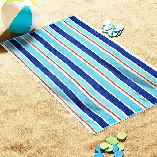 Ocean Stripe Oversized Cotton 4 Piece Beach Towel Set - Blue