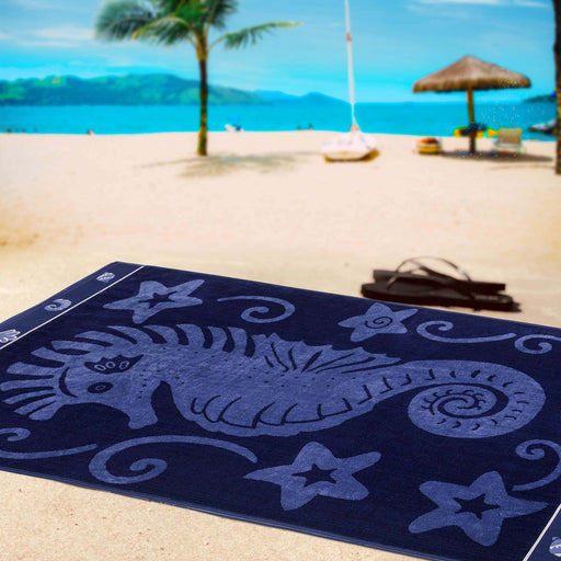 Sea Horse Oversized Cotton 2 Piece Beach Towel Set - Blue