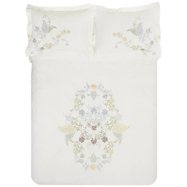 Hyacinth Floral Embroidered 3 Piece Duvet Cover Set - White