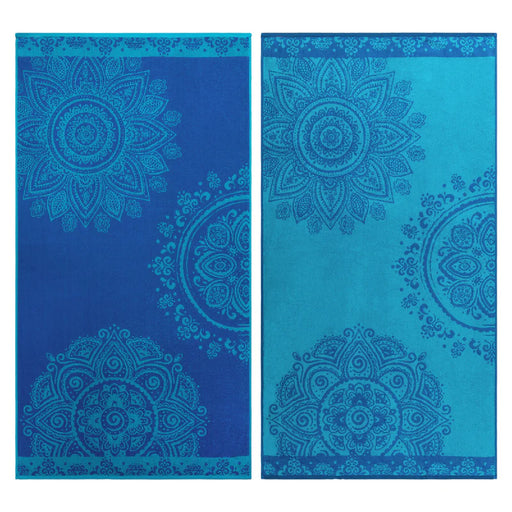 Floral Mandala Egyptian Cotton Oversized 2 Piece Beach Towel Set - Blue