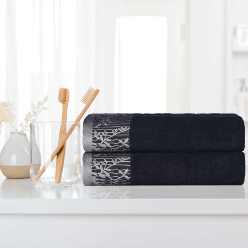 Wisteria Cotton Bath Towel Set with Floral Bohemian Embroidered Jacquard Border (Set of 2) - Black