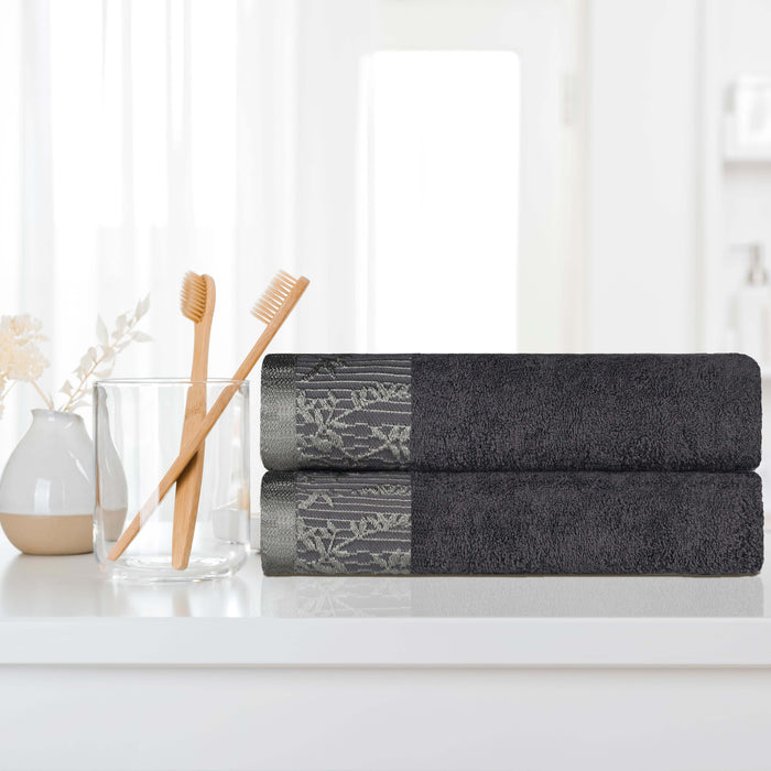 Wisteria Cotton Bath Towel Set with Floral Bohemian Embroidered Jacquard Border (Set of 2) - Gray