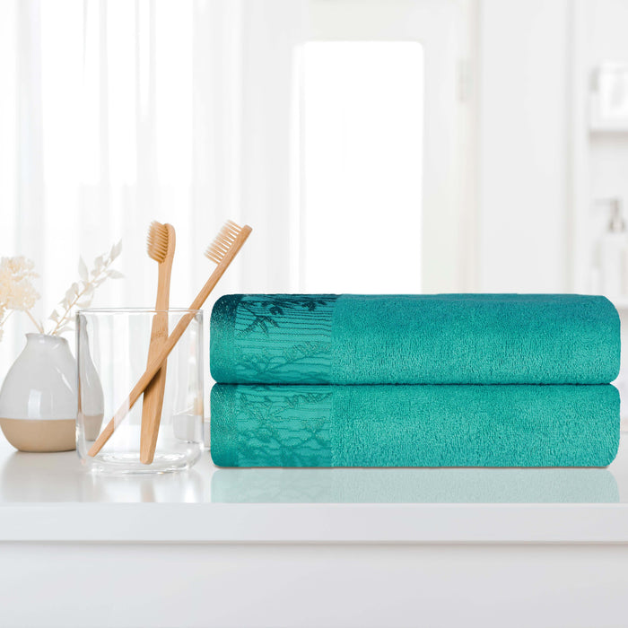 Wisteria Cotton Bath Towel Set with Floral Bohemian Embroidered Jacquard Border (Set of 2) - Turquoise