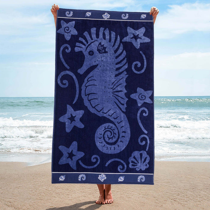 Sea Horse Oversized Cotton 4 Piece Beach Towel Set - Blue